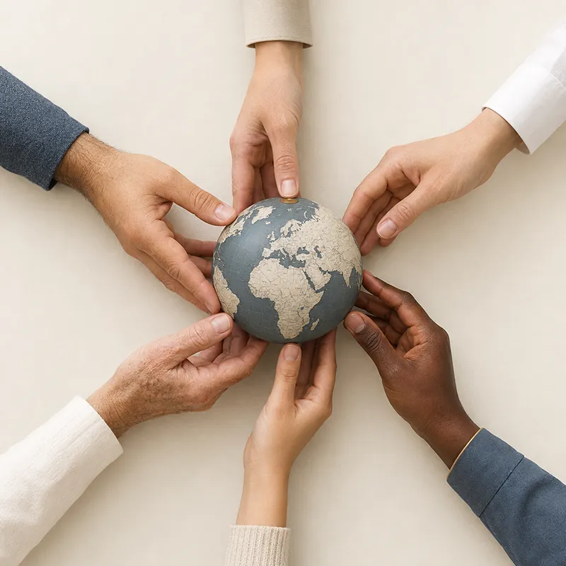 Diverse hands encircling a globe to represent solidarity and community support worldwide.