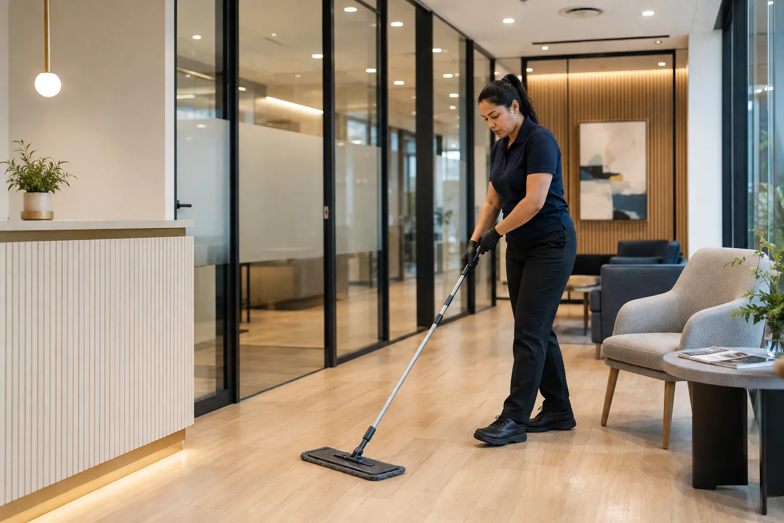 Commercial cleaner mopping a contemporary Melbourne workplace before opening.