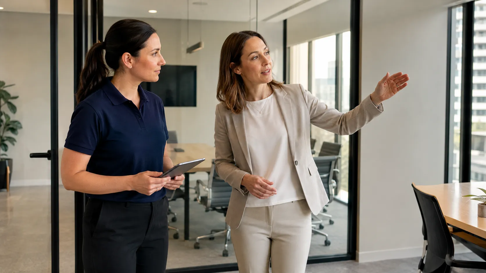 Commercial cleaning representative consulting with an office manager in a modern Melbourne workplace.