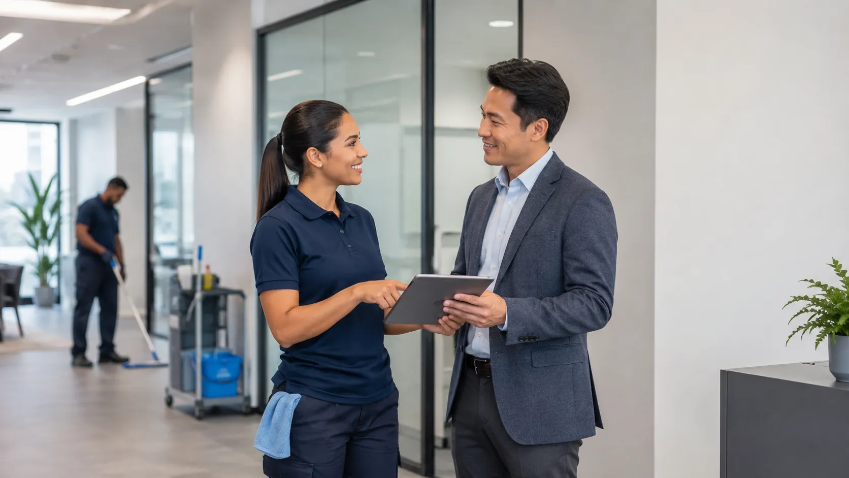 Commercial cleaning representative discussing service details with a workplace manager while a team member cleans nearby